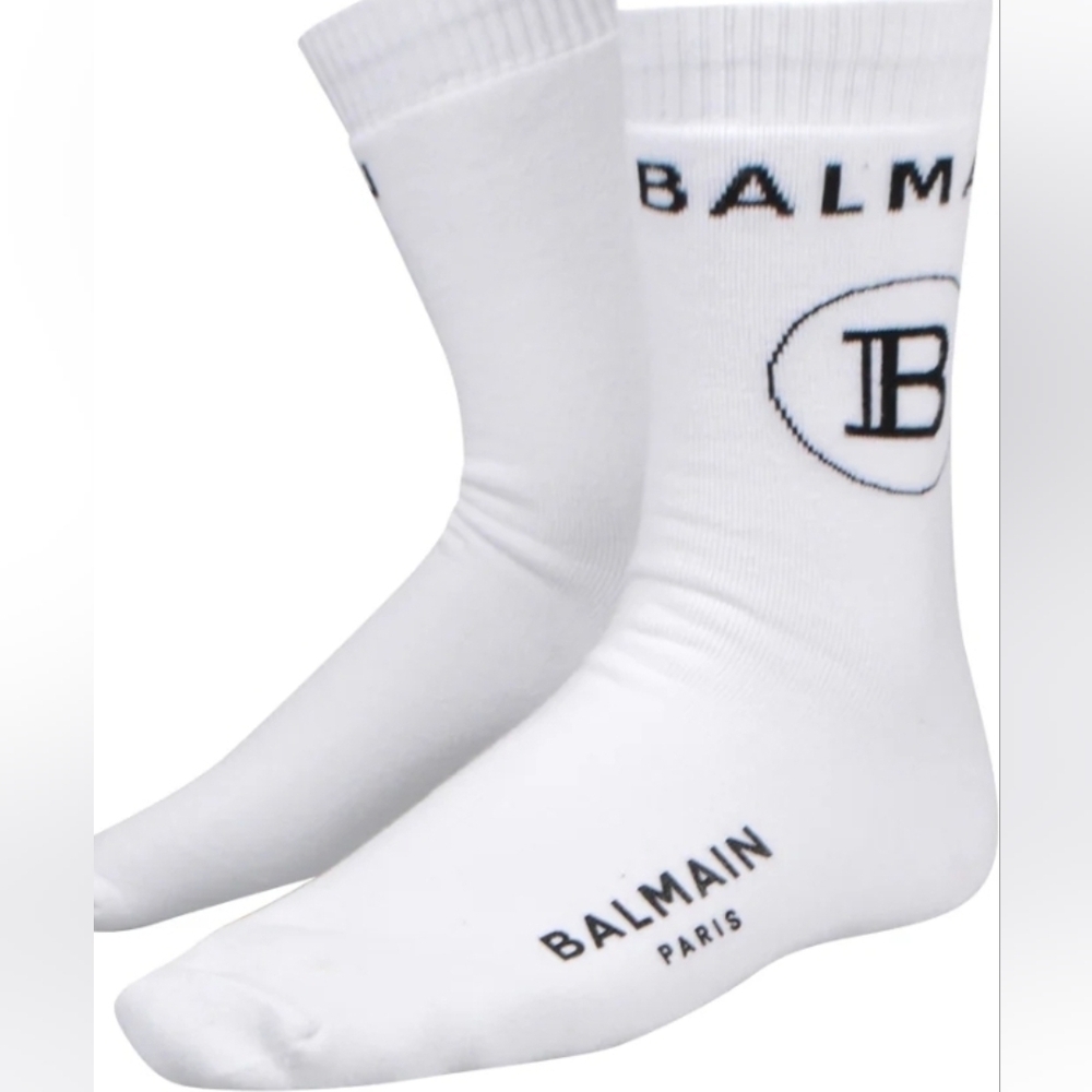 Balmain White Crew Socks with Black Logo Detail